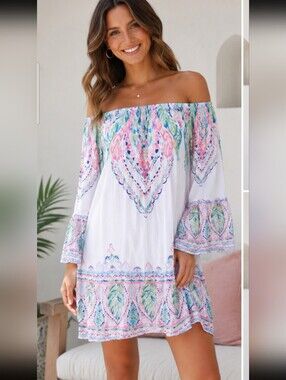 Lilly Pulitzer Off Shoulder Rayon Shift Dress Tropical Print XL